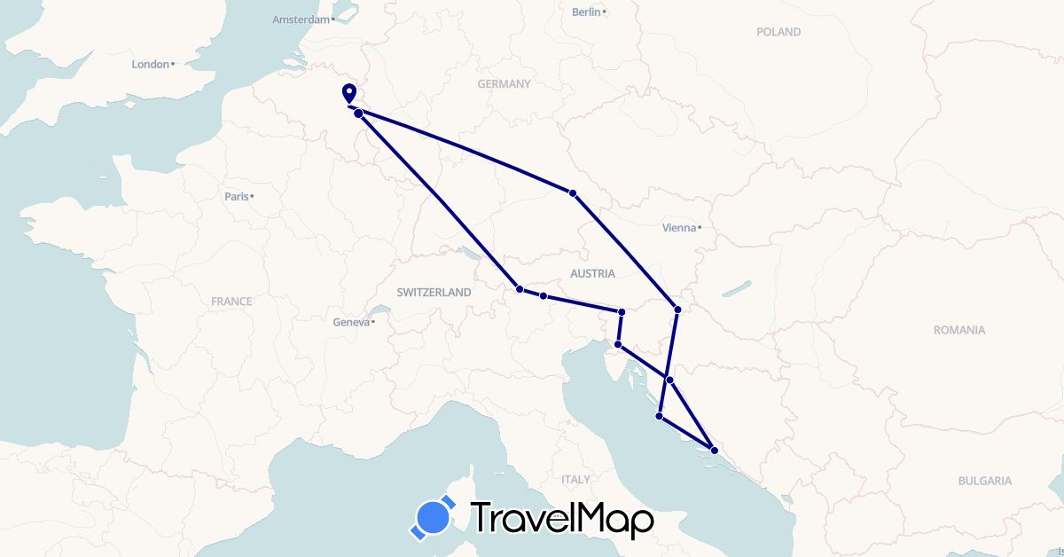 TravelMap itinerary: driving in Austria, Belgium, Germany, Croatia, Italy, Slovenia (Europe)